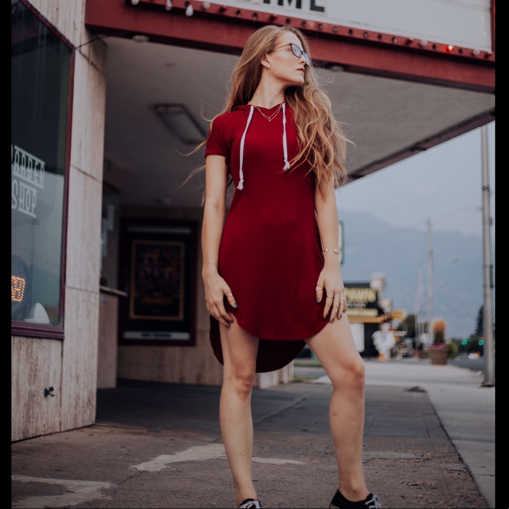 Casual Red T-Shirt Dress W/ Hood